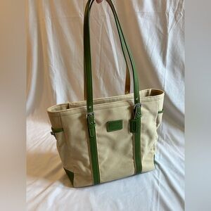 Coach Canvas Tote with Green Leather Trim